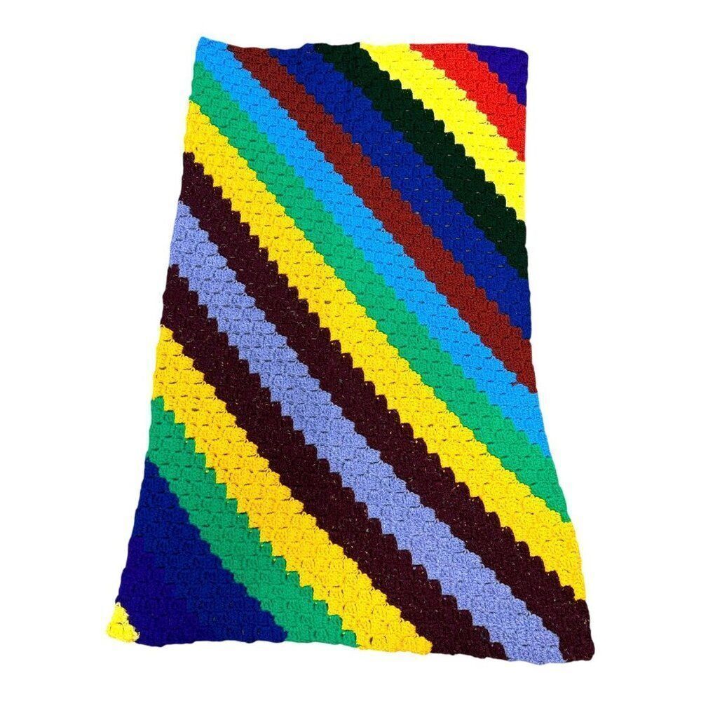 Vintage Chair Afghan Handmade Crochet Blanket 48X28 Diagonal Rainbow Stripe